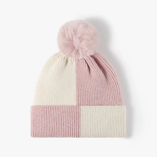 Playful Color Block Knit Hat with Pom-pom