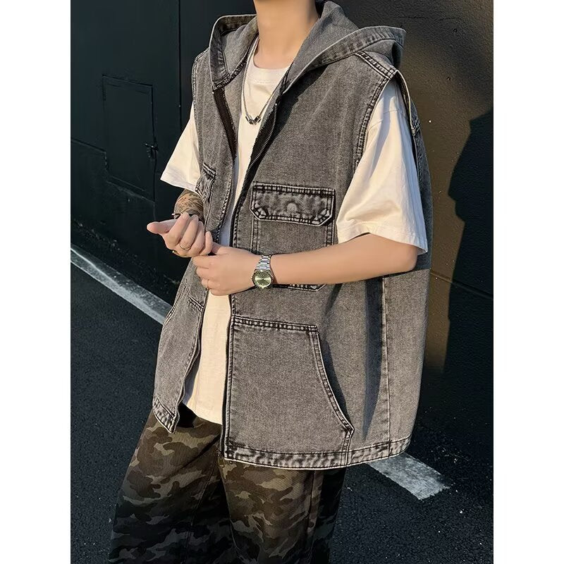 Hooded Denim Retro Loose Zipper Vest Jacket