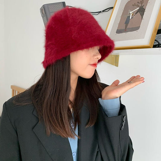 Harajuku Style Women's Solid Color Rabbit Fur Bucket Hat