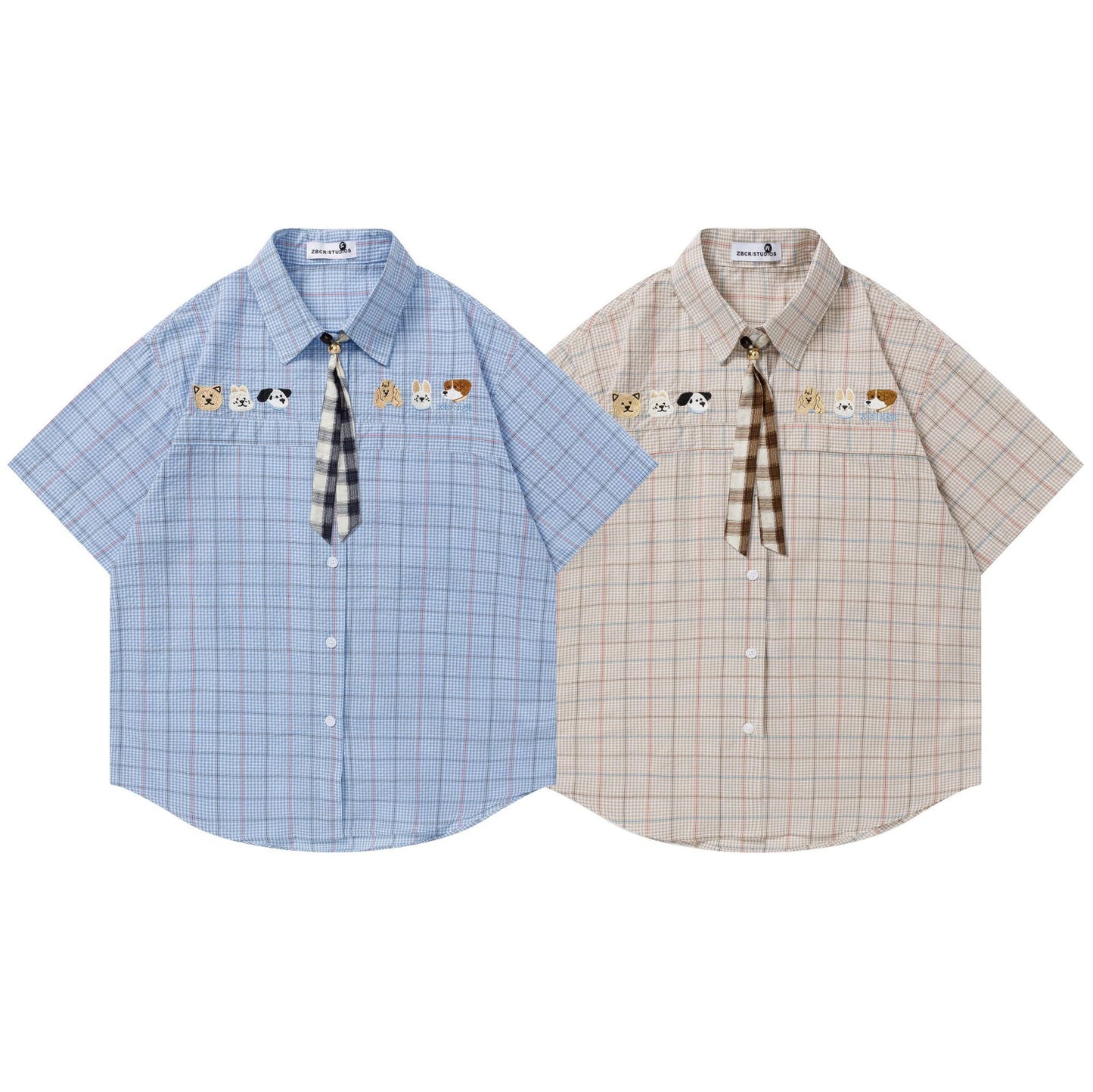 Harajuku Dog Embroidered Tie Short Sleeve Shirt — Street-Style Cotton Blend