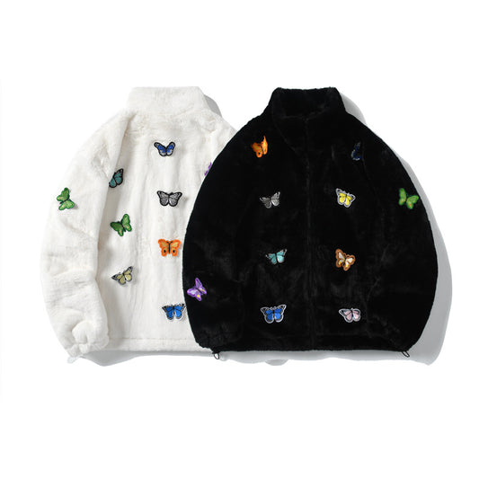Personalized Butterfly Embroidered Furry Coat for Autumn/Winter
