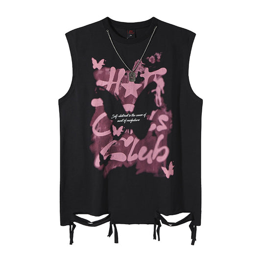 Harajuku Style Letter Print Distressed Sleeveless T-Shirt