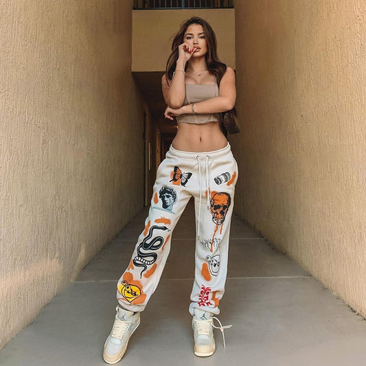Harajuku Cartoon Printed Sweat Pants for Women