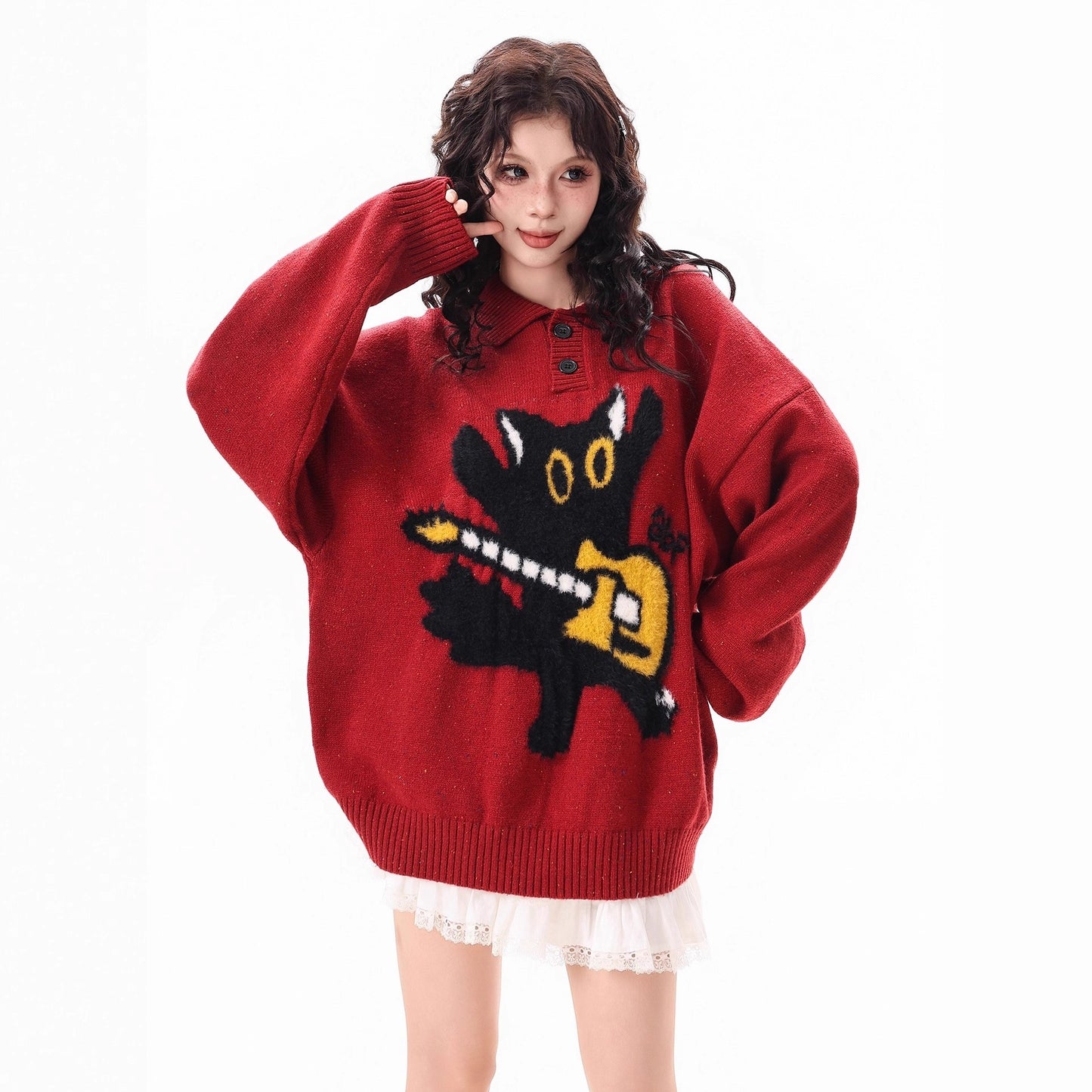 Polo collar cat sweater