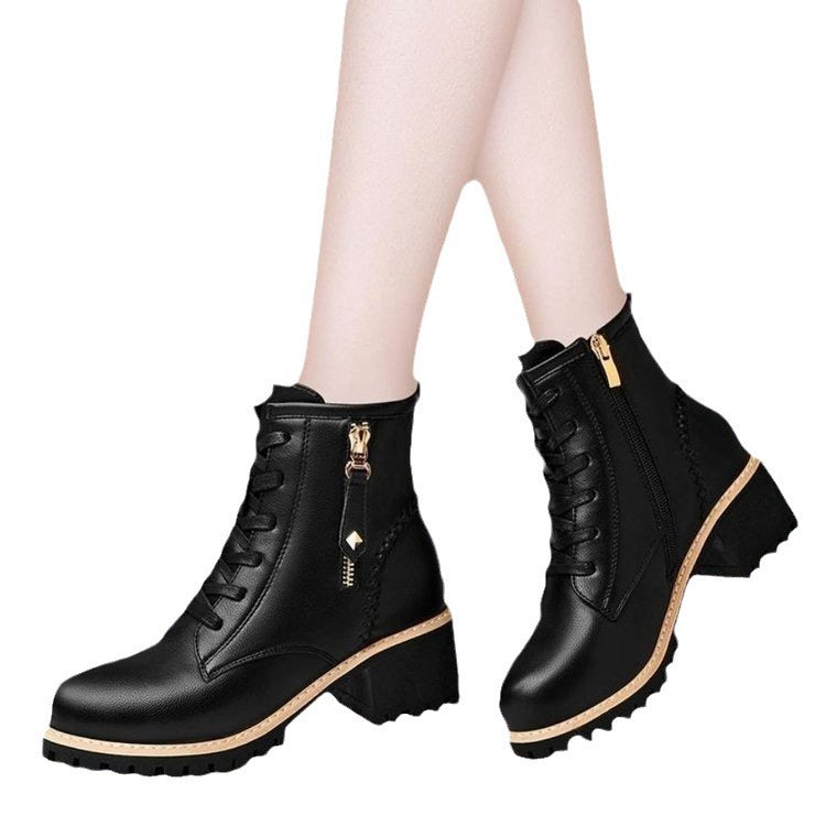 Mid-Length Women's Black Leather Casual Boots with Six Holes and Single Lining