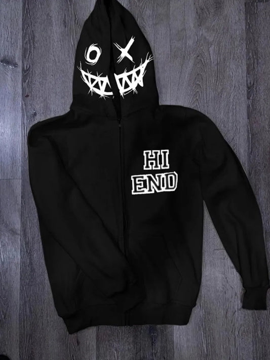 Men's Harajuku Style Zip Up Letter Graphic Hoodie