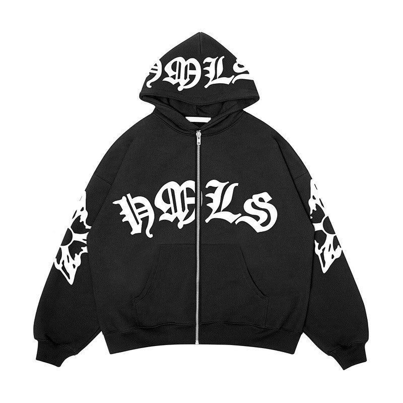 Gothic Letter Printed Oversized Zipper Hoodie