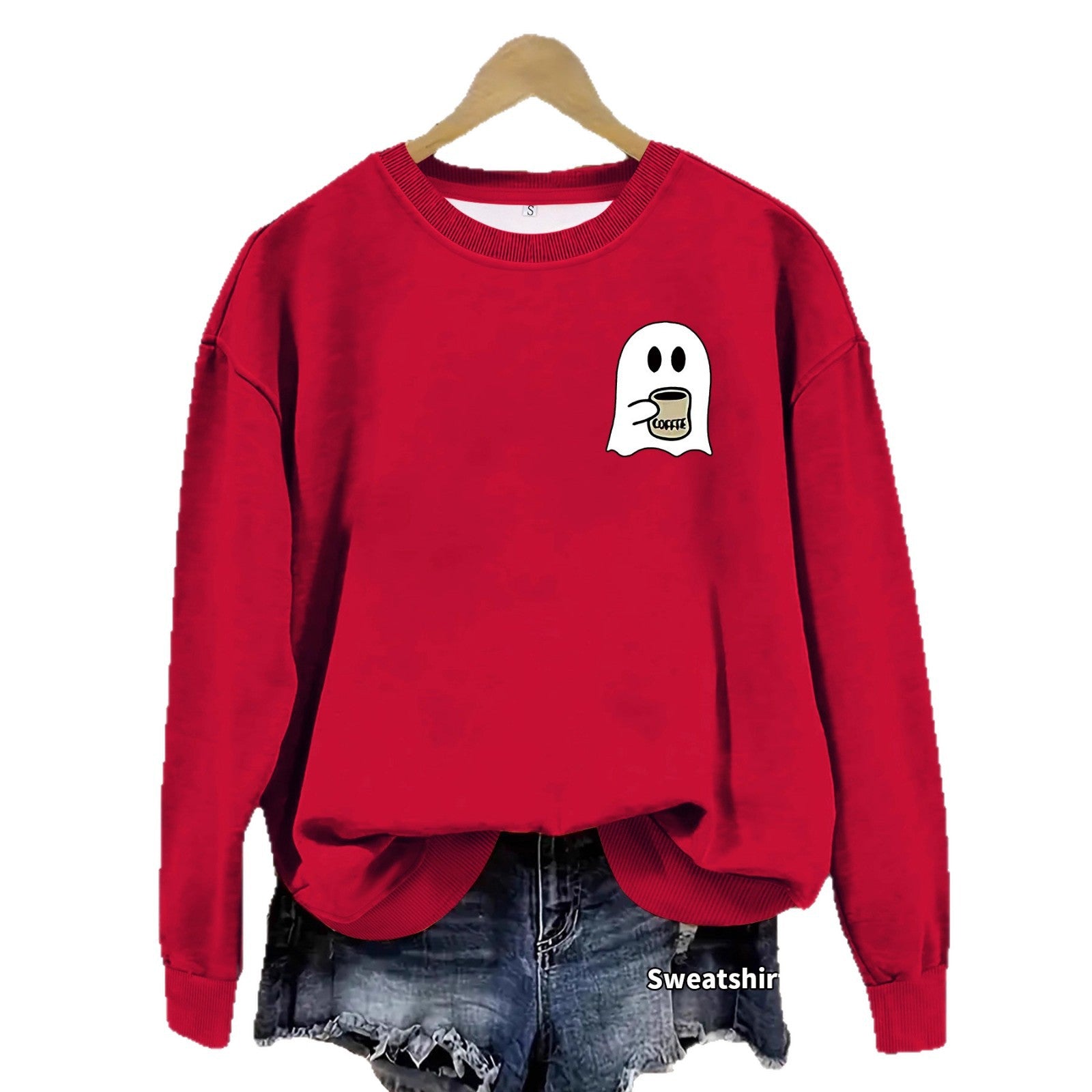 Casual Round Neck Long Sleeve Sweatshirt with Ghost Print