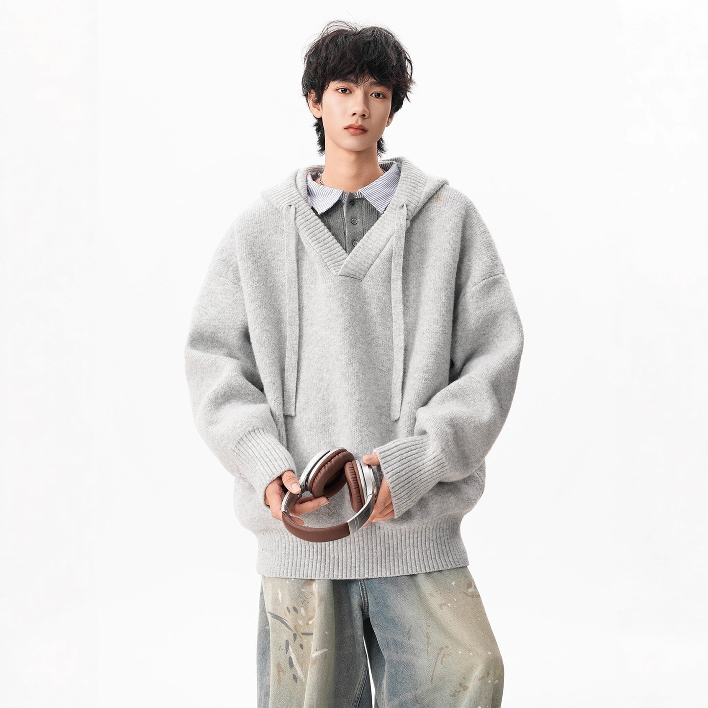 Classic V-neck Hooded Sweater for Men - Versatile Casual Knitwear Jacket