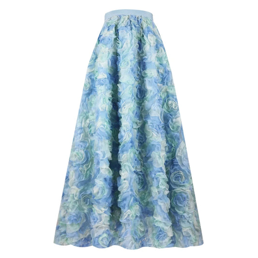 Playful 3D Blue Rose Tulle Midi Skirt - Harajuku Style