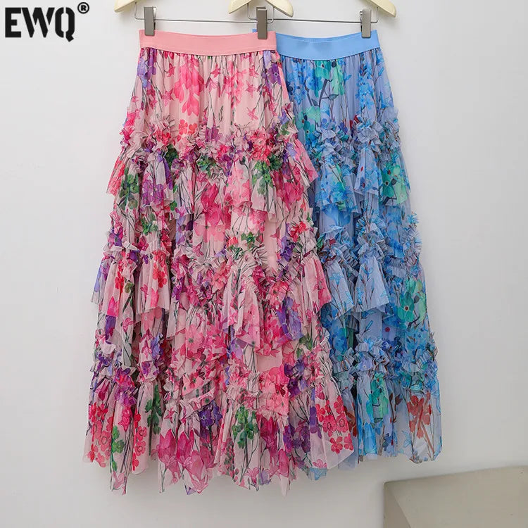 Playful Floral A-Line Skirt with Lace for Women