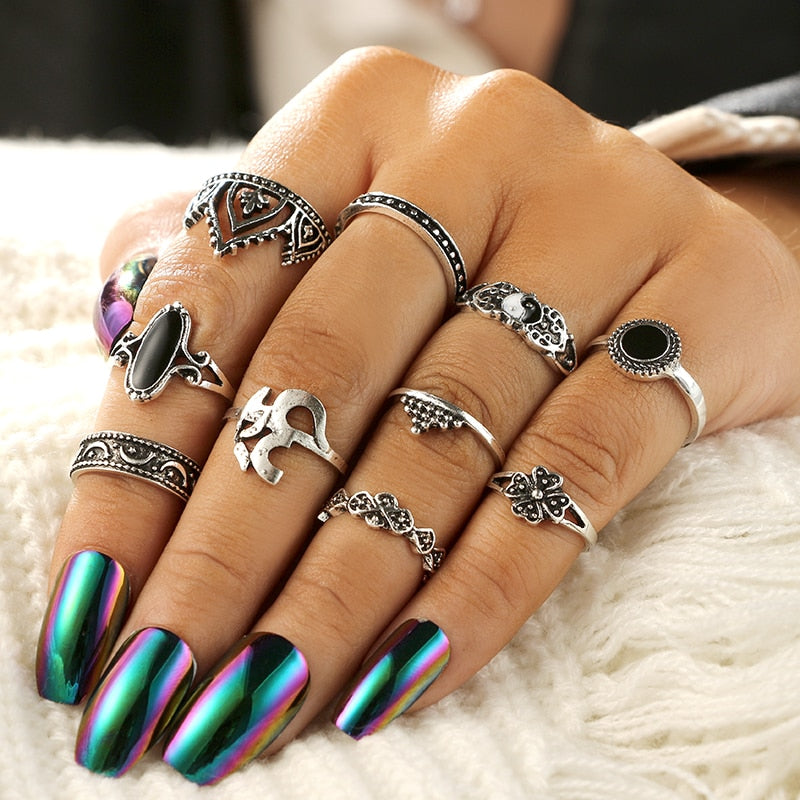 10pcs Bohemian Antique Silver Crown Star Moon Flower Rings Set