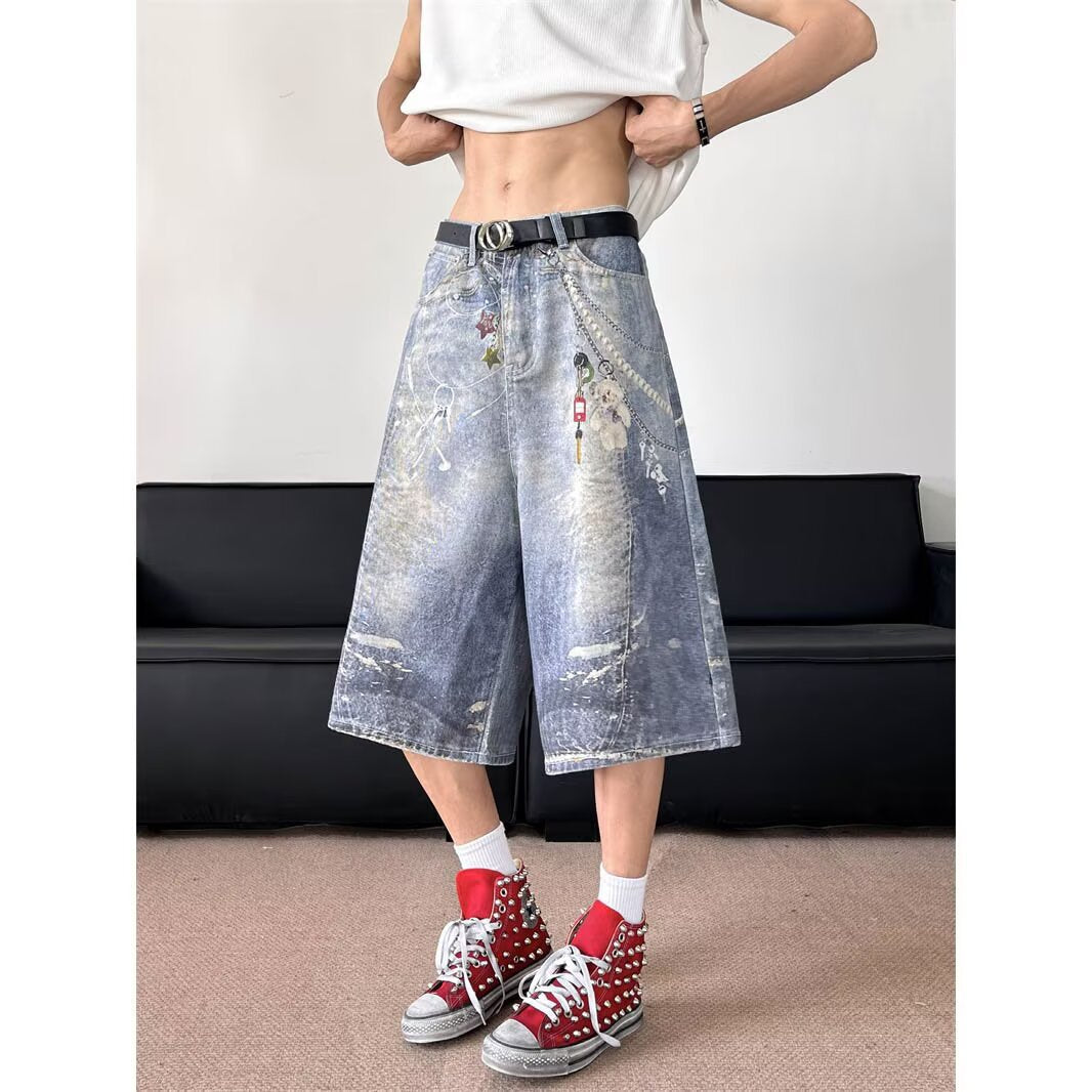Harajuku Style Full Print Wide Leg Denim Shorts