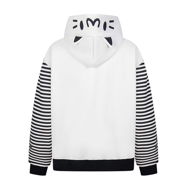 Print Hooded Zip-Up Sweatshirt Striped Patchwork Loose Outerwear Jacket