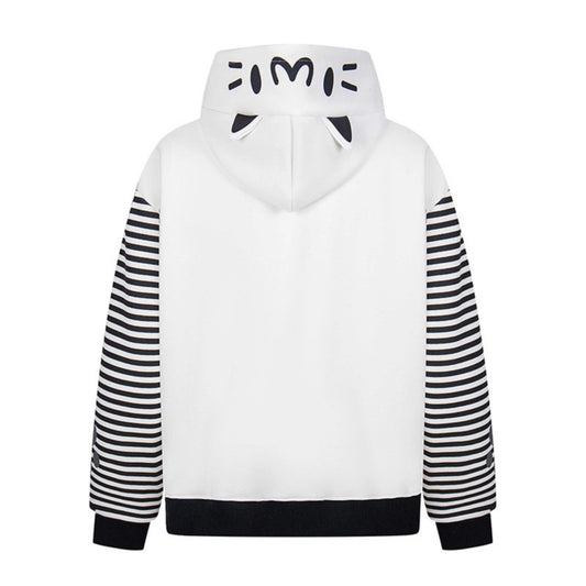Print Hooded Zip-Up Sweatshirt Striped Patchwork Loose Outerwear Jacket