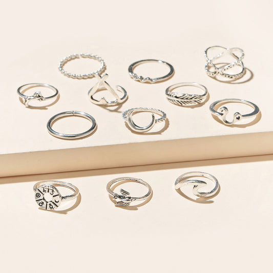 Vintage Moon Feather Geometric Ring Set - 12 Piece