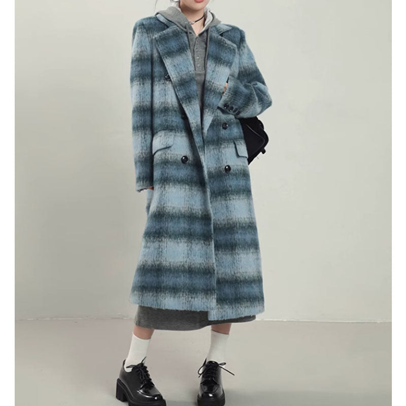 Korean Style Blue Plaid Woolen Overcoat for Women