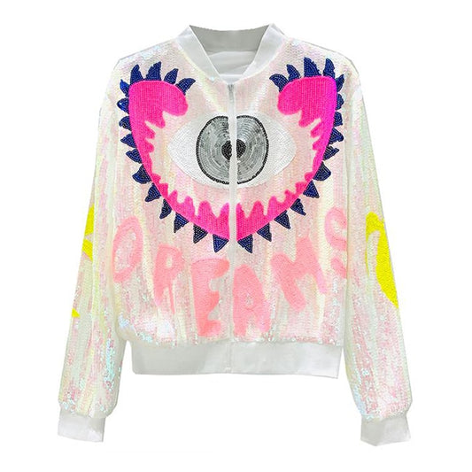 Harajuku Style Sequined Bomber Jacket - Multicolor Eye Design