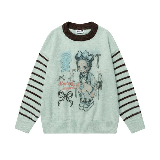 Color-block Striped Sweater Women Loose Lazy Fit Pullover Knitwear