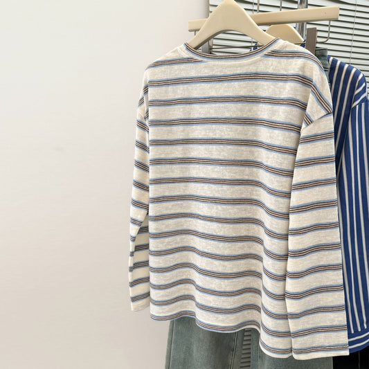 Striped Long Sleeve T-Shirt with Pocket Design for Women