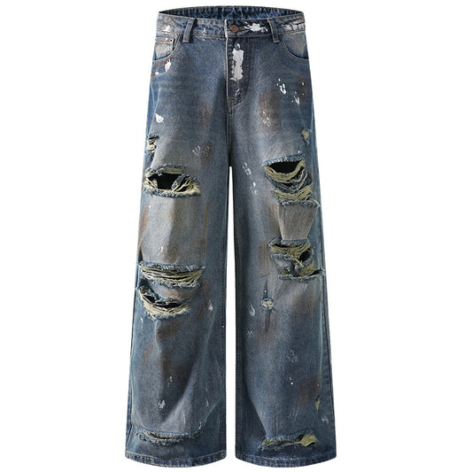 Vintage Washed Denim Pants with Wide Leg