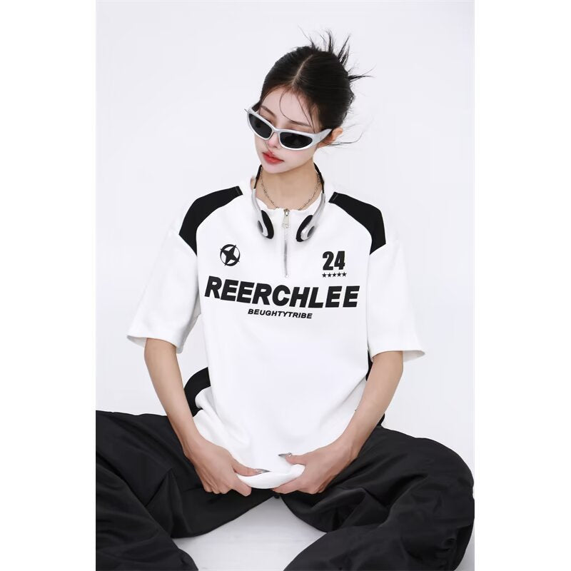 Black and White Spliced Letter Half-Zipper Motorcycle Shirt
