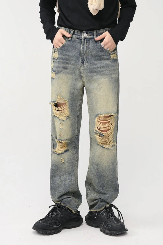 Distressed Mid Rise Jeans with Pockets - Harajuku Style