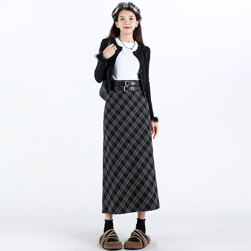 Women's College Style High Waist Plaid Slit A-Line Midi Skirt - Loose Elastic Slim Fit Pencil Skirt