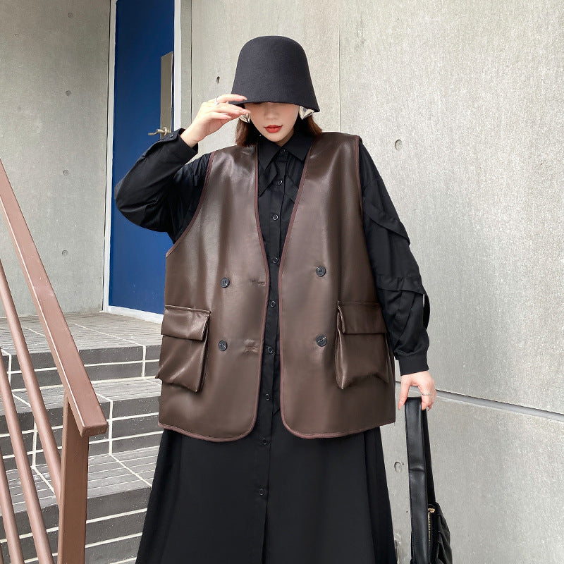 Coffee Color PU Leather Vest - Women Loose Fit V-Collar
