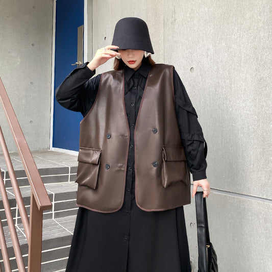 Coffee Color PU Leather Vest - Women Loose Fit V-Collar