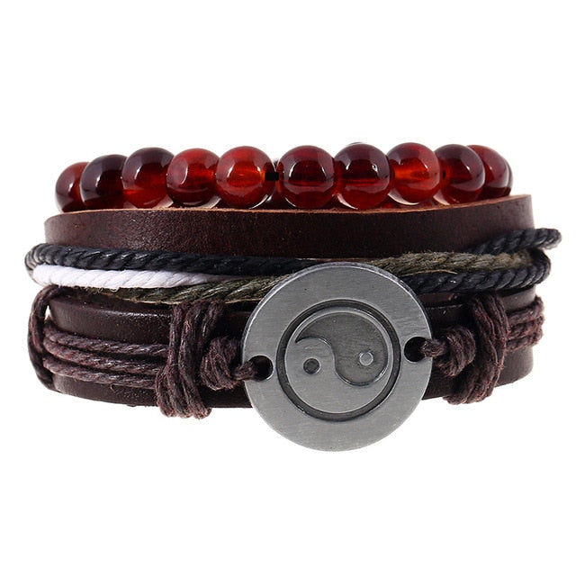 Punk Leather Lucky Spade Poker Charm Bracelet for Men