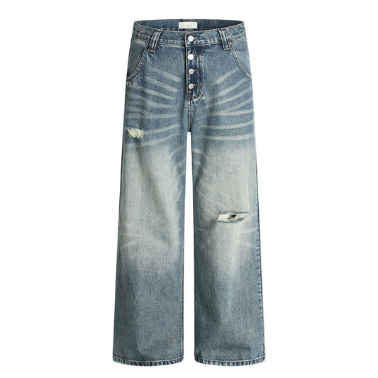 Playful Hole-Washed Denim Wide-Leg Pants for Men