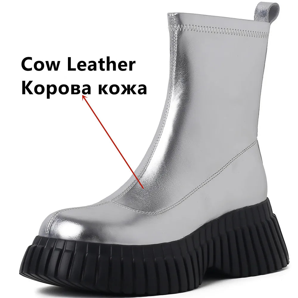 Fashion Platforms for Women - Stretch Short Boots - Genuine Leather Casual Ankle Boots - Round Toe Shoes