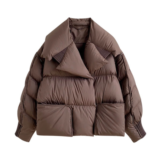 Spliced Lapel Down Jacket with Magnetic Buckle