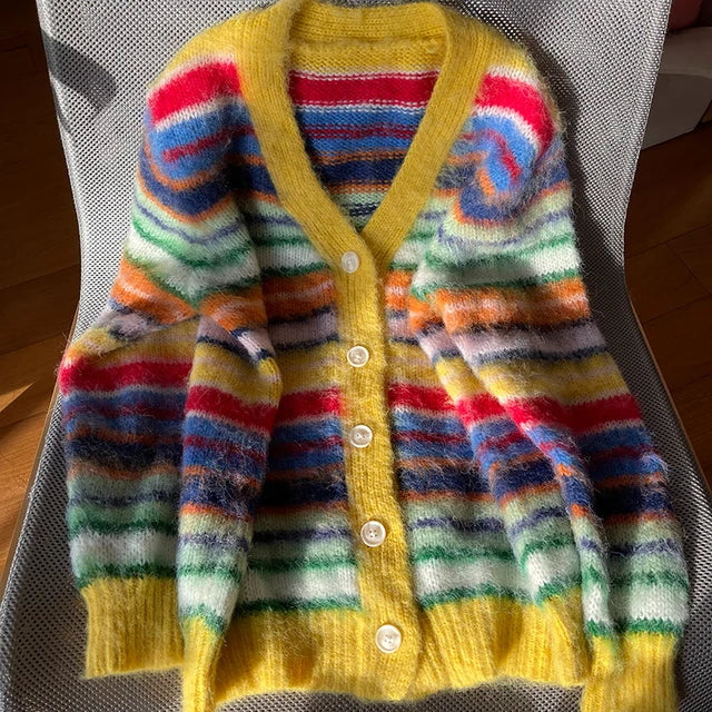 Rainbow Mohair Striped V-Neck Cardigan for Women