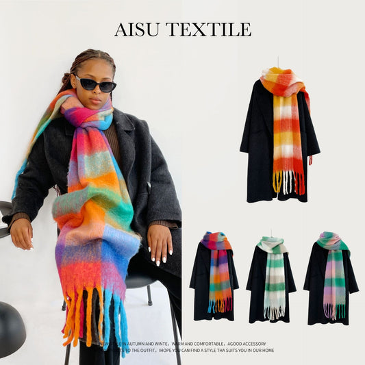 Colorful Plaid Mohair Scarf - Women's Winter Warmth