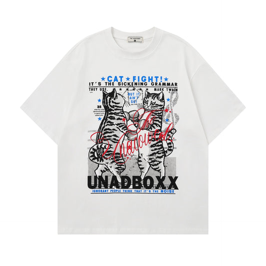 Boxing Cat Printed Short Sleeve Tee — Harajuku Style Floral Loose Fit