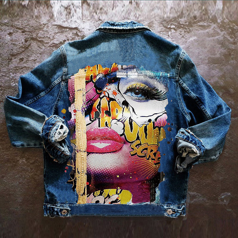 Harajuku Style Women's Tongue Out Print Denim Jacket