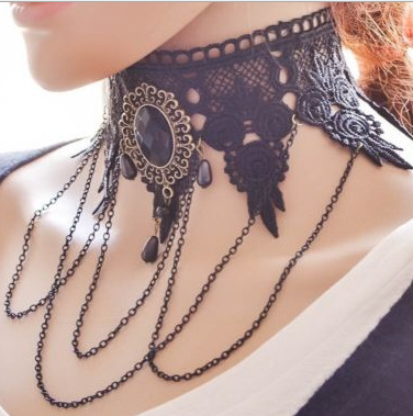 Vintage Gothic Black Rhinestone Lace Layered Choker Necklace