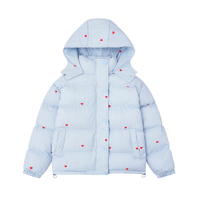Milk Blue Bread Coat Stripe All-Over Heart Print Stand Collar Hooded Cotton Coat