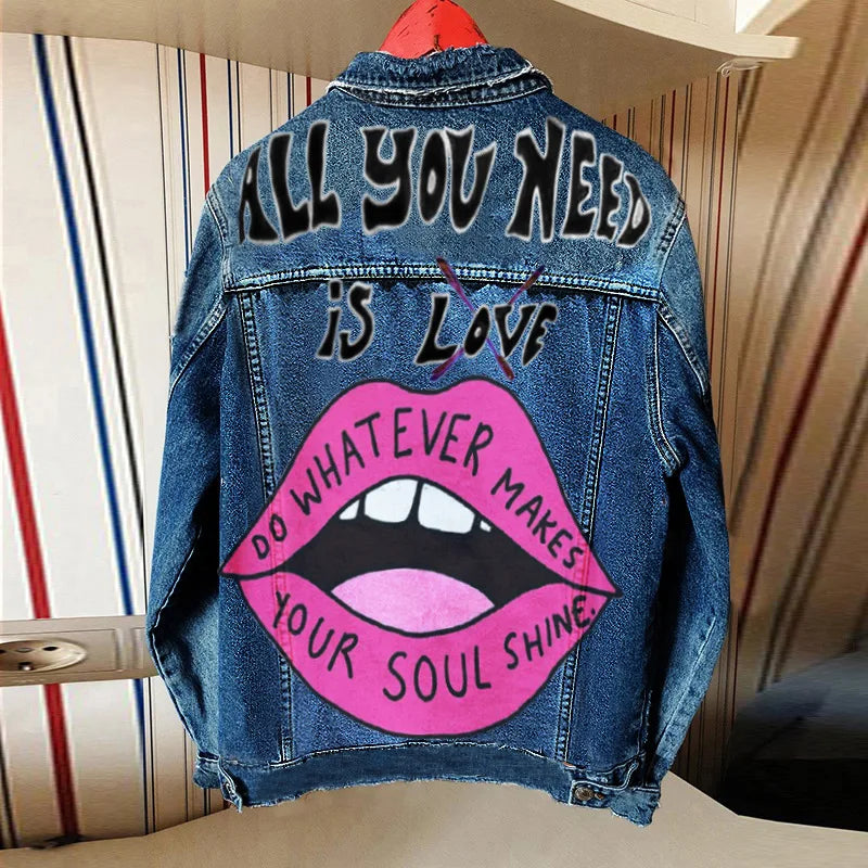 Harajuku Style Denim Jacket with Lip Letter Print