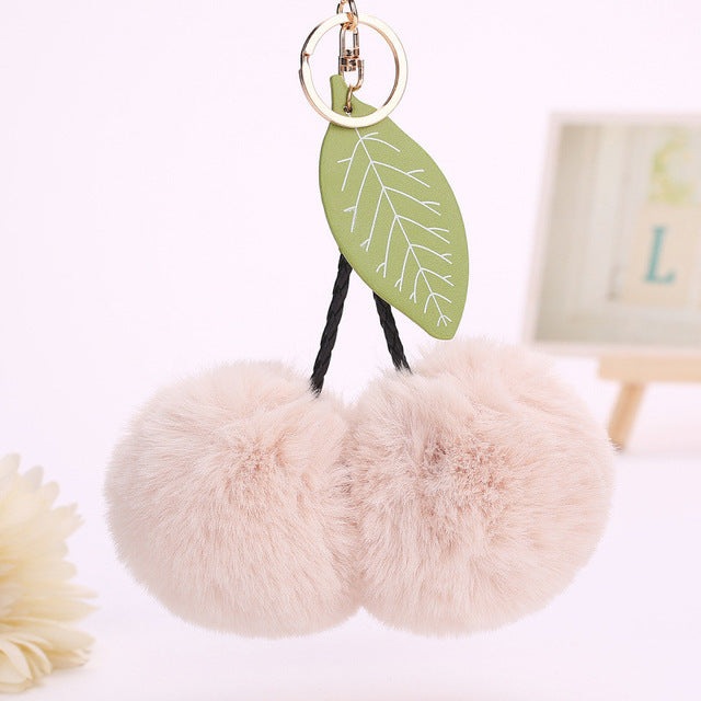 Faux Rabbit Fur Ball Pompom Cherry Keychain