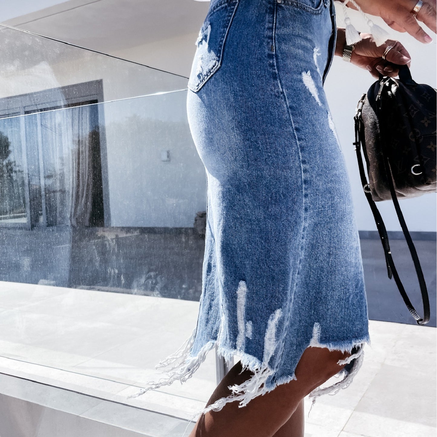 Chic Harajuku Women's Ripped Denim Skirt with Tassels