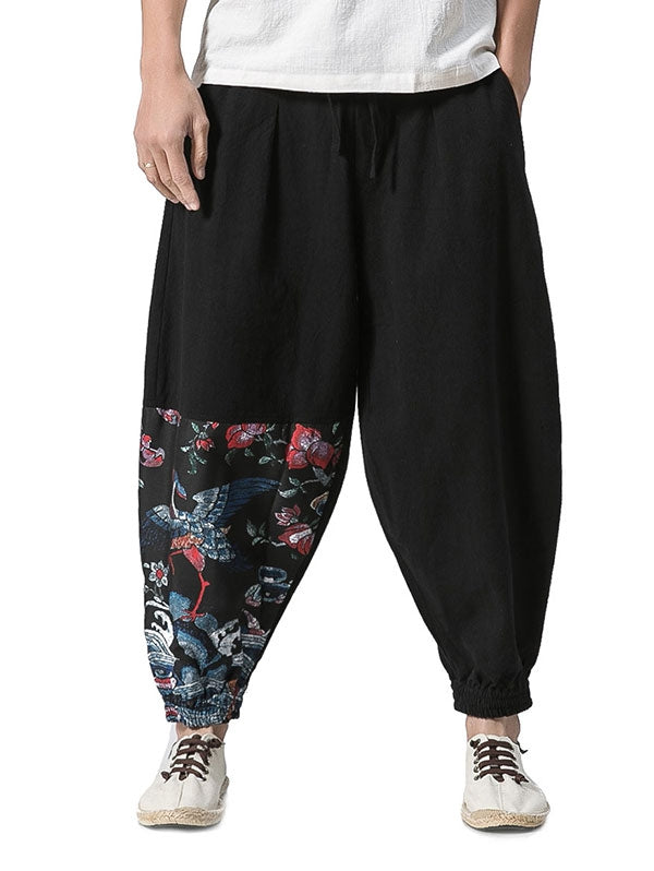 Chinoiserie Printed Cotton Linen Jogger Pants