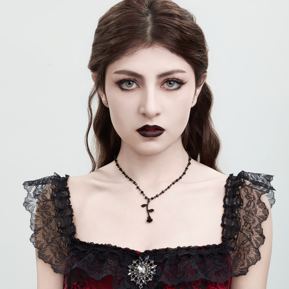Chic Rose Bead Necklace with Dark Crystal Accents