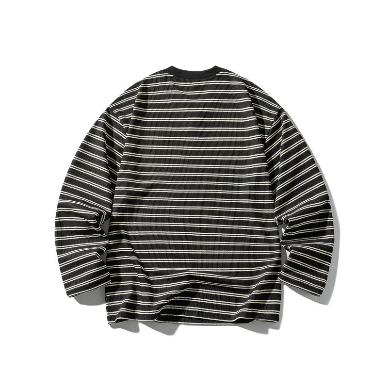 Stripe Color-block V-neck Loose Unisex Long Sleeve T-shirt