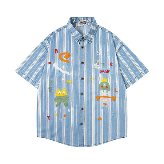 Retro Cartoon Embroidery Striped Denim Shirt