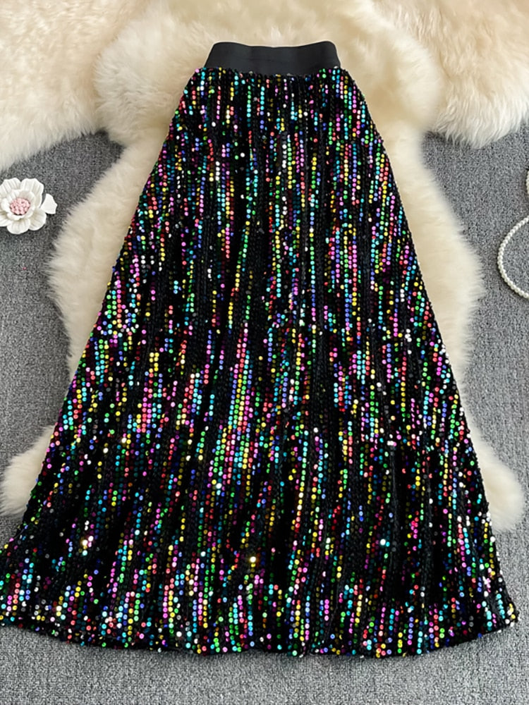 Harajuku Style Sequins Midi Skirt - Elegant A-Line Design