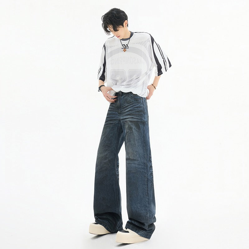 Harajuku Loose Straight Leg Denim Jeans - Dirty Blue