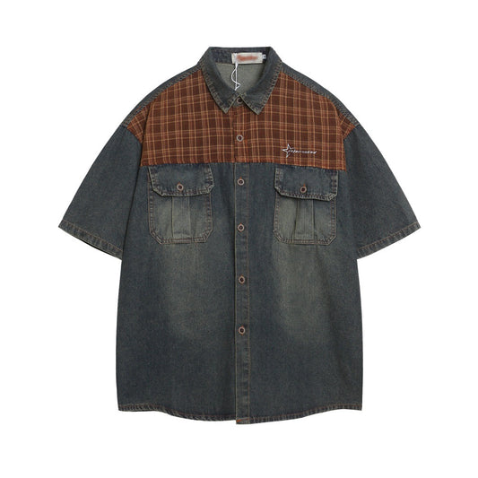 Punk Vintage Washed Denim Shirt with Color Block Plaid Collar